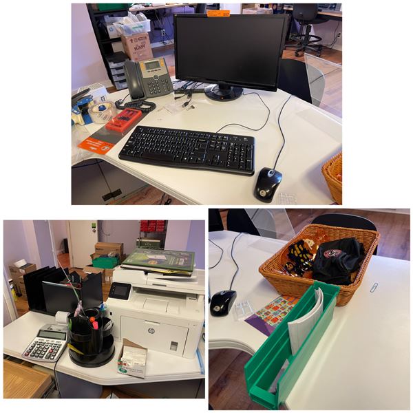 Desk Contents: ViewSonic Monitor, Logitech Keyboard & Mouse, Cisco IP Phone, HP Color LaserJet MFP, 