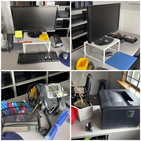 Contents - Dual Monitor Office Workstation with Keyboard, Mouse, Label Printer, Laser Printer, Desk 