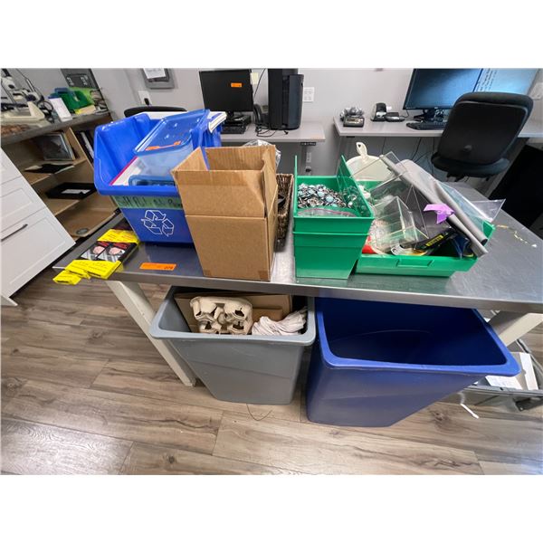 Assorted Retail Supplies including Branded Pin-Back Buttons, Acrylic Display, Bins, and Misc.Assorte