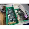 Image 4 : Assorted Retail Supplies including Branded Pin-Back Buttons, Acrylic Display, Bins, and Misc.Assorte