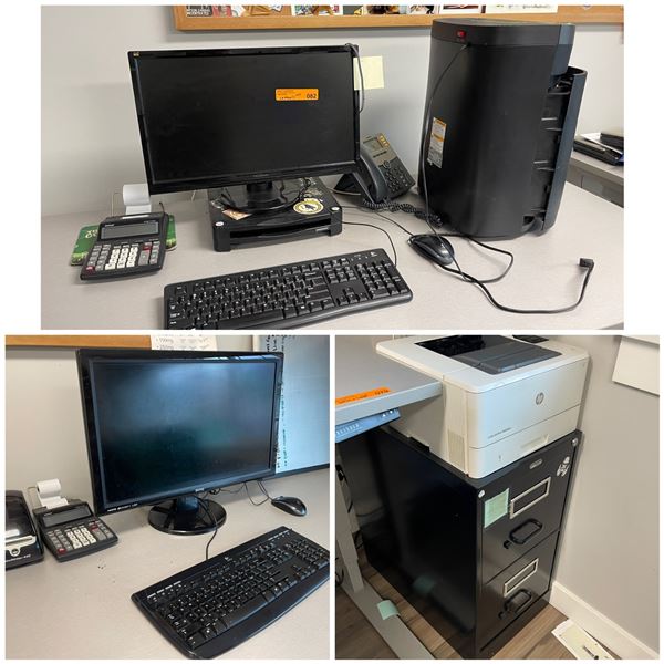 Contents on Tables - ViewSonic Monitor, BenQ Monitor, 2x Keyboards, 2x Mice, Desktop Tower, HP Laser