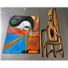 Image 1 : Indigenous-Style Painted Wood Carving and Abstract Oil Painting on Canvas