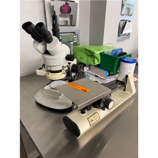 Binocular Stereo Microscope with Camera Attachment and Gold Brand TW-2610D Speed-Dial Balance Scale