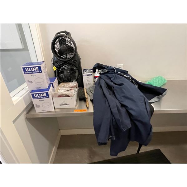 Dual-Head Tower Fan, Uline Respirators, Earmuffs, Lab Coats, and Assorted Safety Supplies