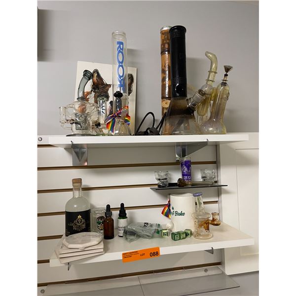 Assorted Glass Water Pipes, Pipes, and Cannabis Accessories including ROOR Piece, Tincture Bottles, 
