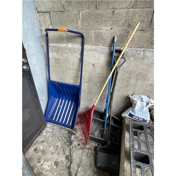 Snow Pusher, Leaf Rake, Snow Shovel, Broom, and Uline Ice Melt