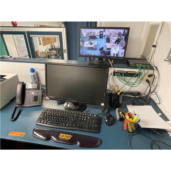 L-Shaped Desk, Office Chair, Dual Monitors, HP Laser Printer, Network Switch, and Shredder