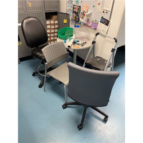 3x Assorted Office Chairs, Round Table, and Misc. Desk Accessories