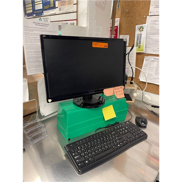 ViewSonic Monitor, Keyboard, Mouse, Honeywell Tower Fan, and Assorted Recycling Bins