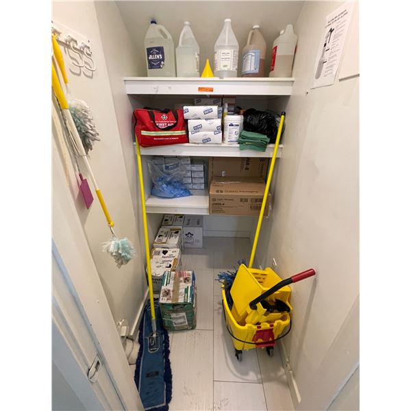 Janitorial Closet Contents including Mop Bucket, Mops, First Aid Kit, Isopropyl Alcohol, Cleaning Su