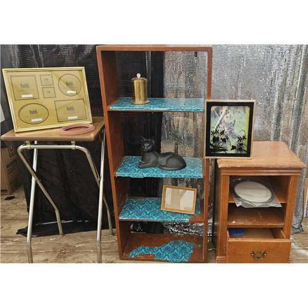 Wooden Shelving Unit, Small Nightstand, Folding Metal Table, and Decorative Items