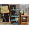 Image 1 : Wooden Shelving Unit, Small Nightstand, Folding Metal Table, and Decorative Items
