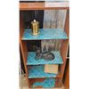 Image 2 : Wooden Shelving Unit, Small Nightstand, Folding Metal Table, and Decorative Items