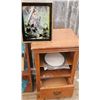 Image 3 : Wooden Shelving Unit, Small Nightstand, Folding Metal Table, and Decorative Items