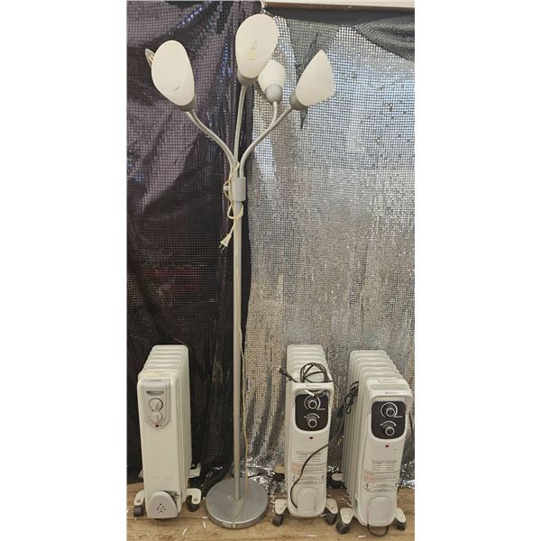 Four Items: Three Electric Oil-Filled Radiator Heaters and One Four-Arm Floor Lamp