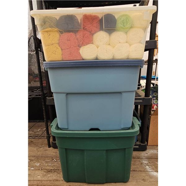 Three Storage Bins Filled with Assorted Yarn and Craft Supplies