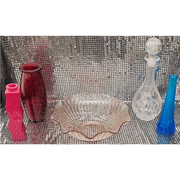 Glassware Collection Including Decanter, Bowls, and Vases