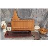 Image 1 : Decorative Items Including Wooden Rack, Pottery, and Trivets