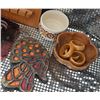 Image 2 : Decorative Items Including Wooden Rack, Pottery, and Trivets