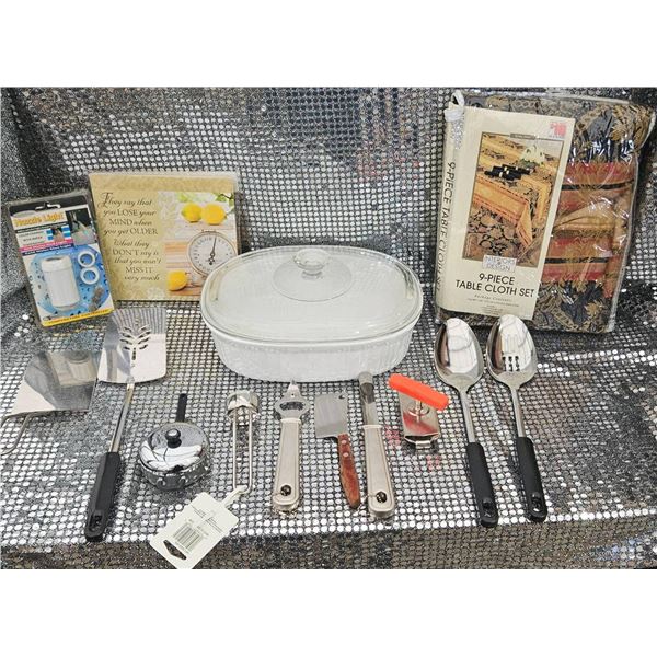 Multi-Item Kitchen and Dining Set with Utensils, Bakeware, and Tablecloths