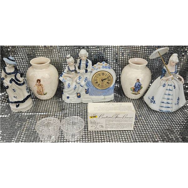 Ceramic Figurines, Vases, Clock, and Glass Votive Holders