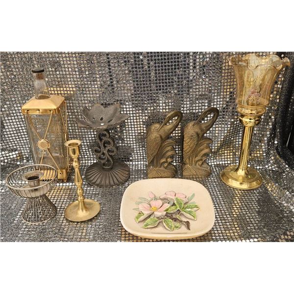 Decorative Items, Including Glass Bottle Music Box and Brass Candleholders