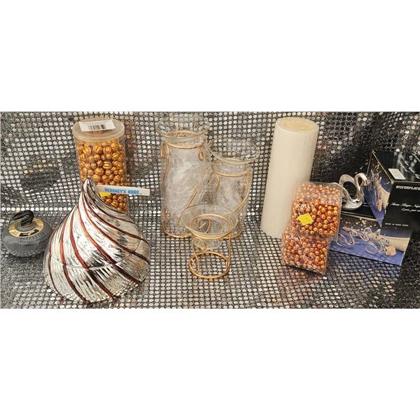 Decorative Items Including Glass Vases with Gold Wire, Napkin Rings, and Hershey’s Kisses Jar