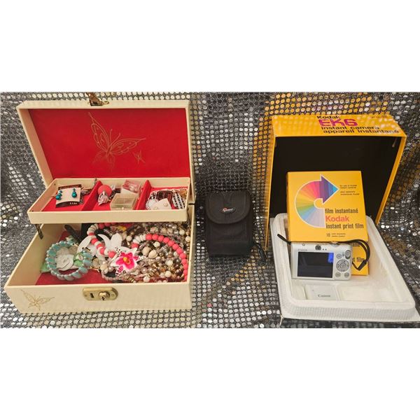 Jewelry Lot in Fabric-Lined Box and Canon Digital Camera with Kodak Instant Film