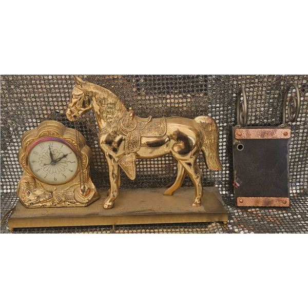 Brass Horse Figurine on Stand with Ornate Mantel Clock and Metal Wall Mount