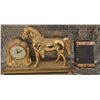 Image 1 : Brass Horse Figurine on Stand with Ornate Mantel Clock and Metal Wall Mount