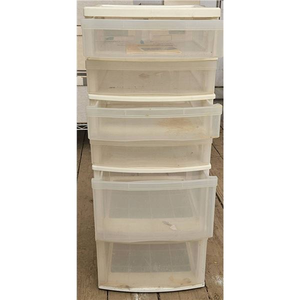 Plastic Storage Shelf with Tote of Vintage Fabric and Coat-Making Kit