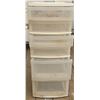 Image 1 : Plastic Storage Shelf with Tote of Vintage Fabric and Coat-Making Kit
