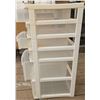 Image 2 : Plastic Storage Shelf with Tote of Vintage Fabric and Coat-Making Kit