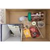 Image 3 : Plastic Storage Shelf with Tote of Vintage Fabric and Coat-Making Kit