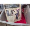 Image 5 : Plastic Storage Shelf with Tote of Vintage Fabric and Coat-Making Kit