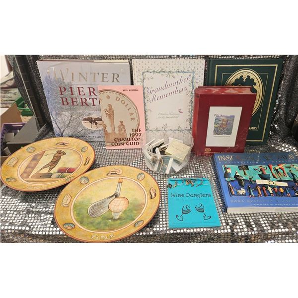 Decorative Plates, Books, Wine Accessories, and Photo Album