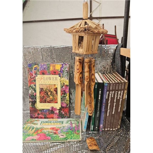 Grouped Lot of Garden-Themed Books and Bamboo Wind Chime