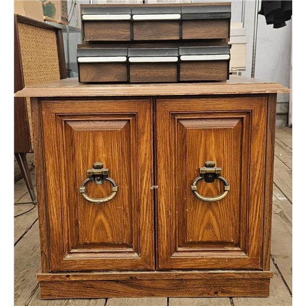 Wooden Media Storage Cabinet with Cassette Organizer and Double Doors