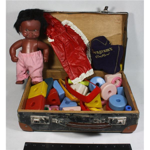 REGAL MADE IN CANADA DOLL & OTHER TOYS IN VTG CASE