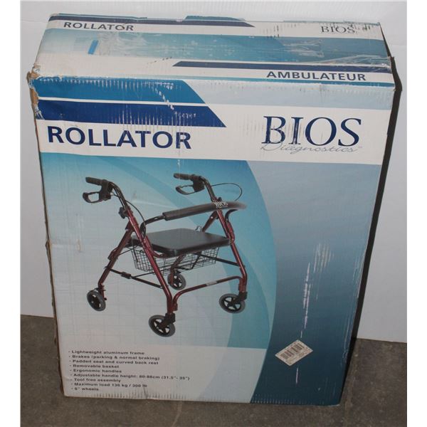 BIOS BRAND RED ROLLATOR WALKER W/ SEAT AND BASKET