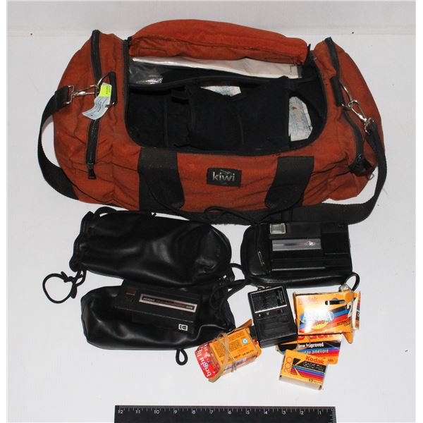 DUFFLE CAMERA BAG WITH PAIR OF CAMERAS AND MORE