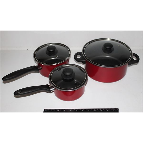 UNBRANDED RED POTS WITH GLASS LIDS SET