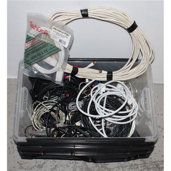 TOTE OF RANDOM CORDS, ETHERNET, CHARGERS, ETC