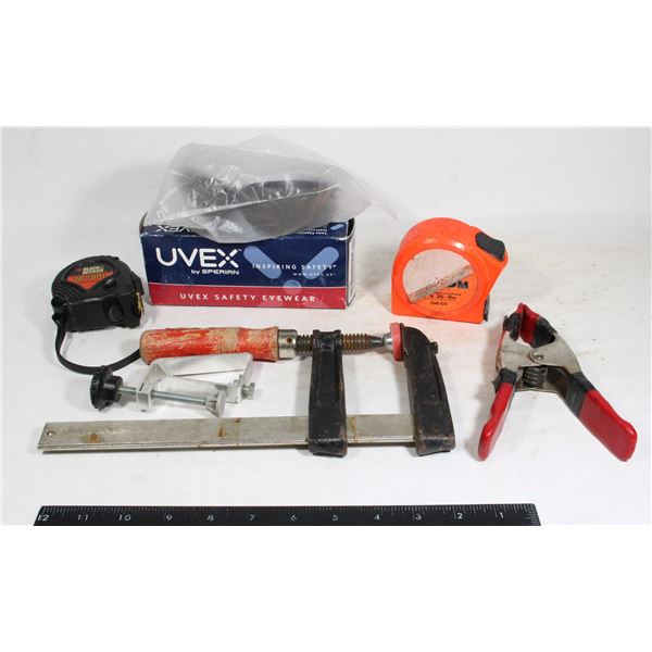 TWO CLAMPS & TWO TAPE MEASURES W/ SAFETY GLASSES