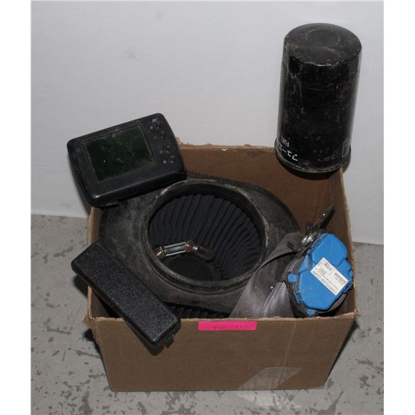 BOX OF ASSORTED AUTOMOTIVE PARTS AND MORE