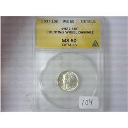 1937 Mercury Dime ANACS MS60 Details
