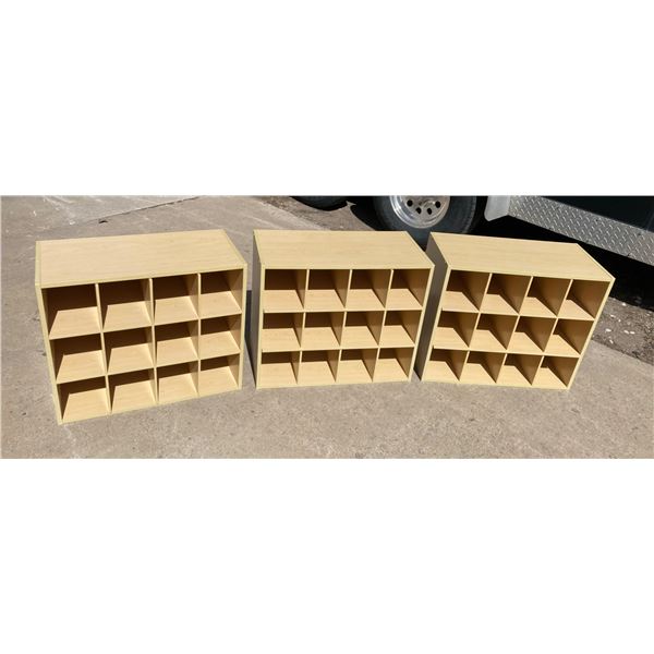 MAPLE-COLORED 12-COMPARTMENT STACKABLE STORAGE ORGANIZERS, LOT OF THREE