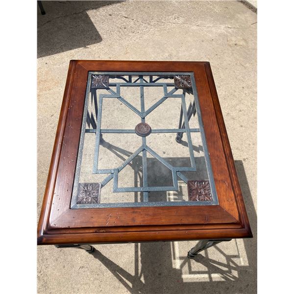 VINTAGE SQUARE GLASS TOP SIDE TABLE WITH A DARK WOOD FRAME AND WROUGHT IRON BASE