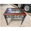 Image 2 : VINTAGE SQUARE GLASS TOP SIDE TABLE WITH A DARK WOOD FRAME AND WROUGHT IRON BASE