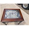 Image 3 : VINTAGE SQUARE GLASS TOP SIDE TABLE WITH A DARK WOOD FRAME AND WROUGHT IRON BASE